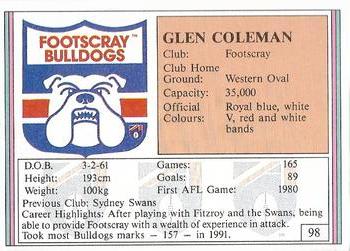 1992 AFL Regina #98 Glen Coleman Back